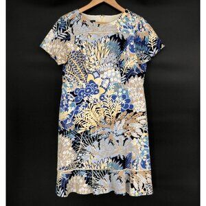 Talbots Petites Floral Short Sleeve Dress 8p Blue & Beige Knee Length Church
